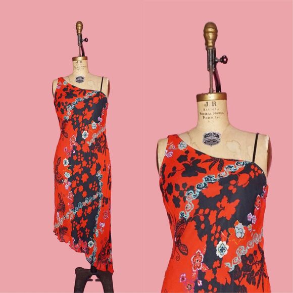Y2K EVA BLUE Asymmetrical BUTTERFLY Floral Print Beaded Slip Dress. S-M. AS IS - Picture 1 of 10